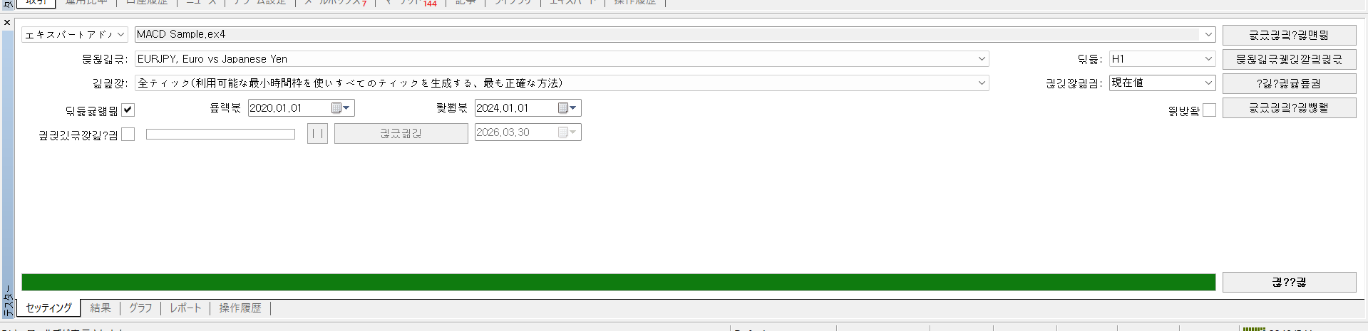 MT4 ストラテジーテスター バックテスト実行中 プログレスバー100%