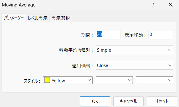 MT4 移動平均線(Moving Average)の設定画面