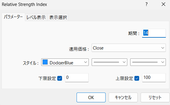 MT4 RSI（Relative Strength Index）の設定画面